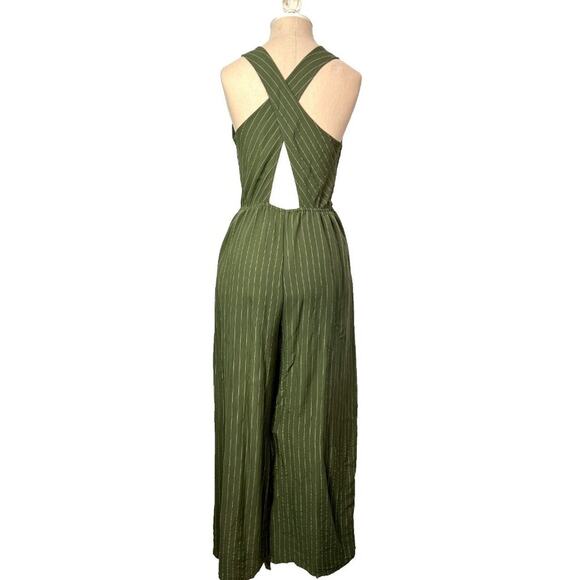 Flying Tomato Jumpsuit Women's M Green Striped Belted Cross Cutout Back V-Neck - Picture 3 of 12